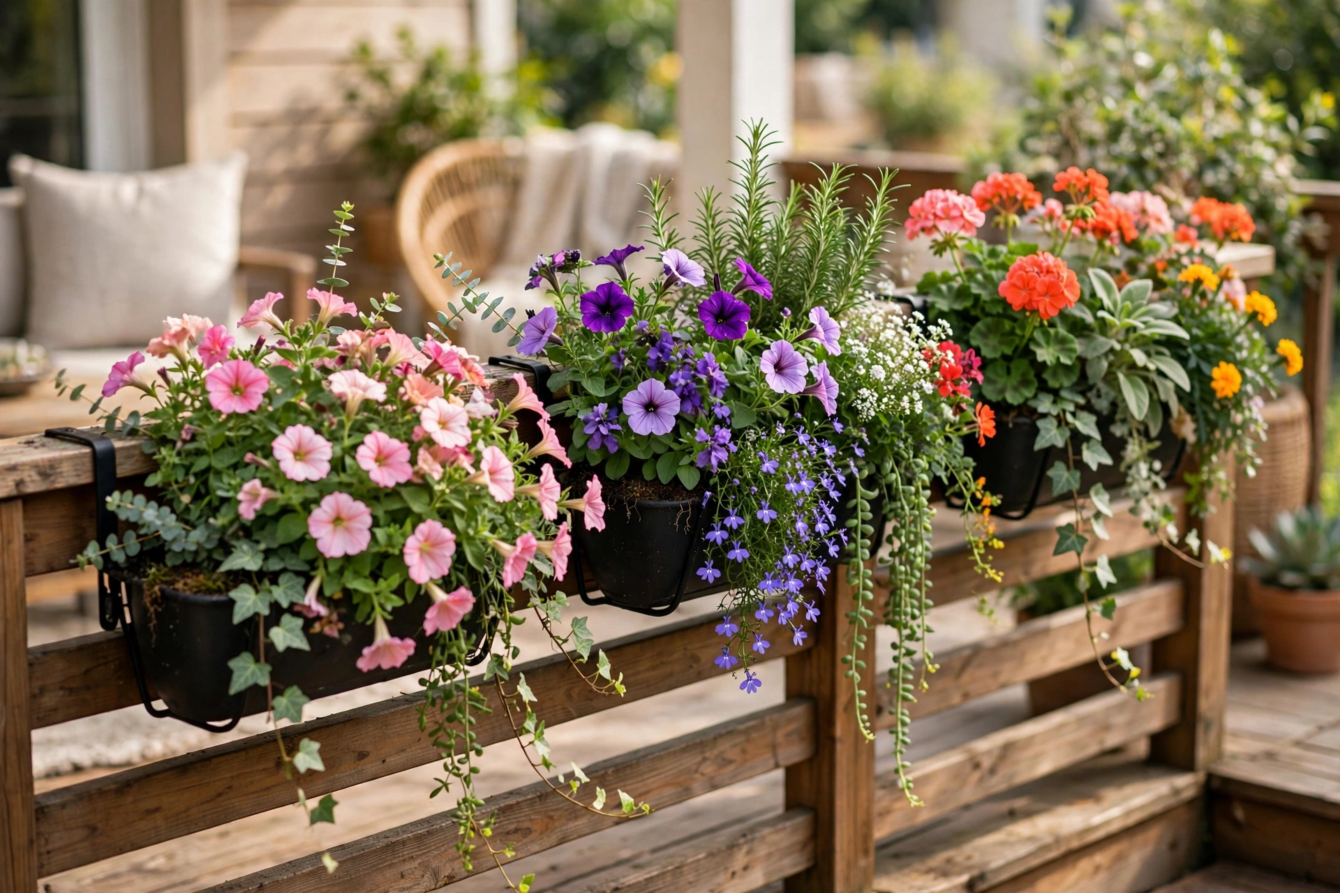Flower-filled railing planters hooked over a wooden deck rail