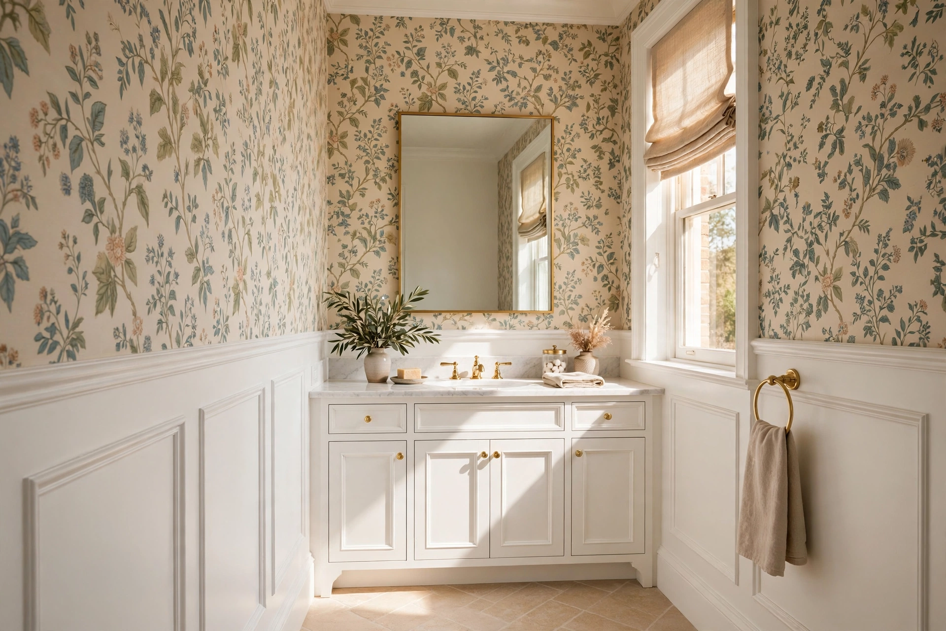 Crisp white wainscoting with patterned wallpaper above in a powder room