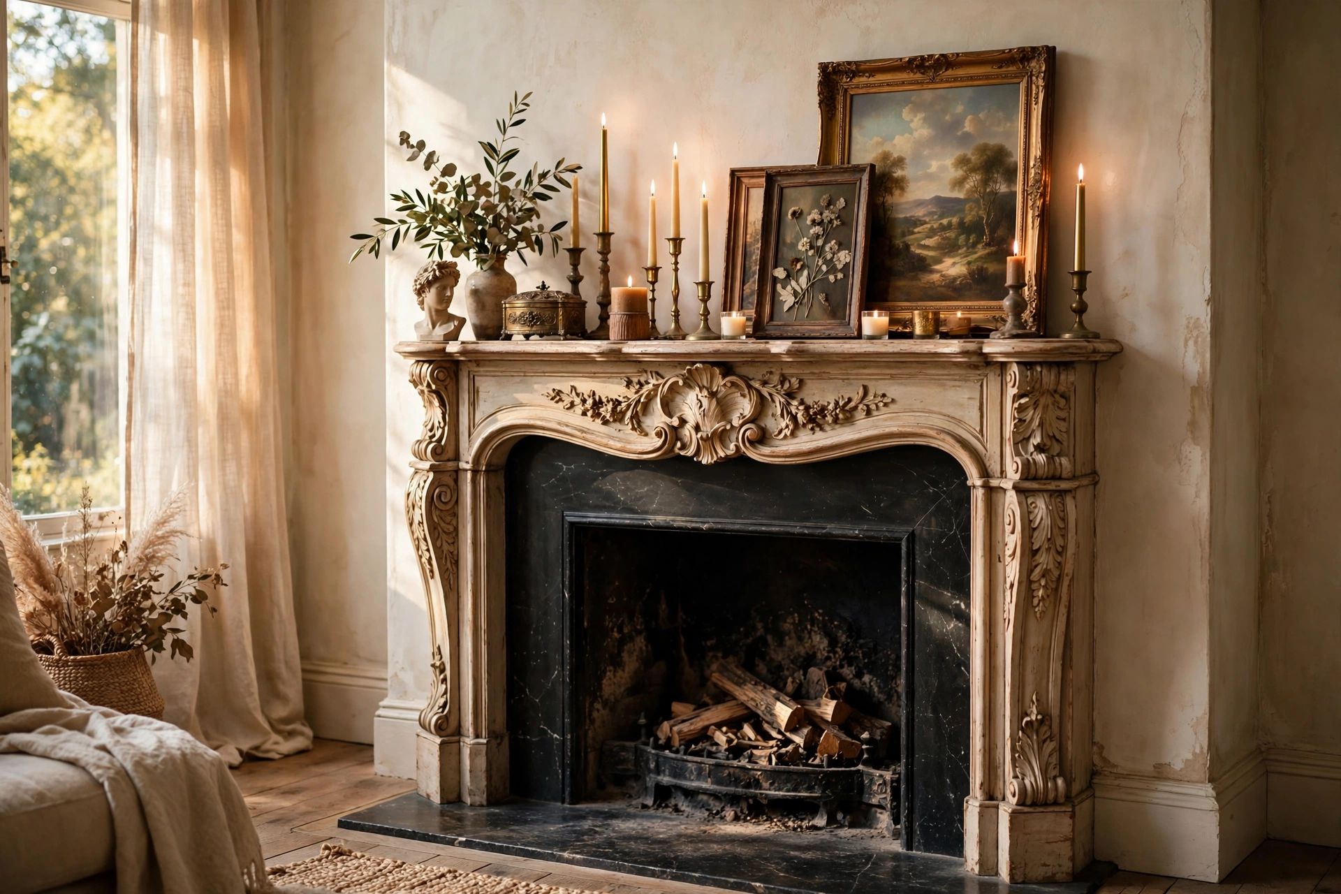 Ornate vintage fireplace mantel styled with candles and art