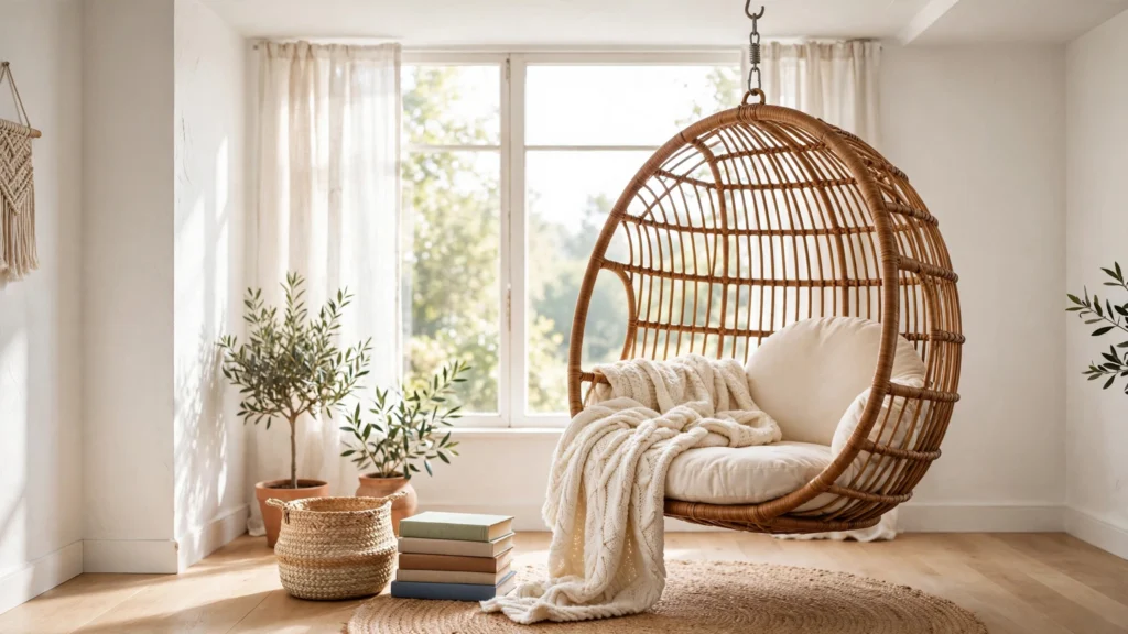 Hanging rattan egg chair reading nook with cushions by a bright window