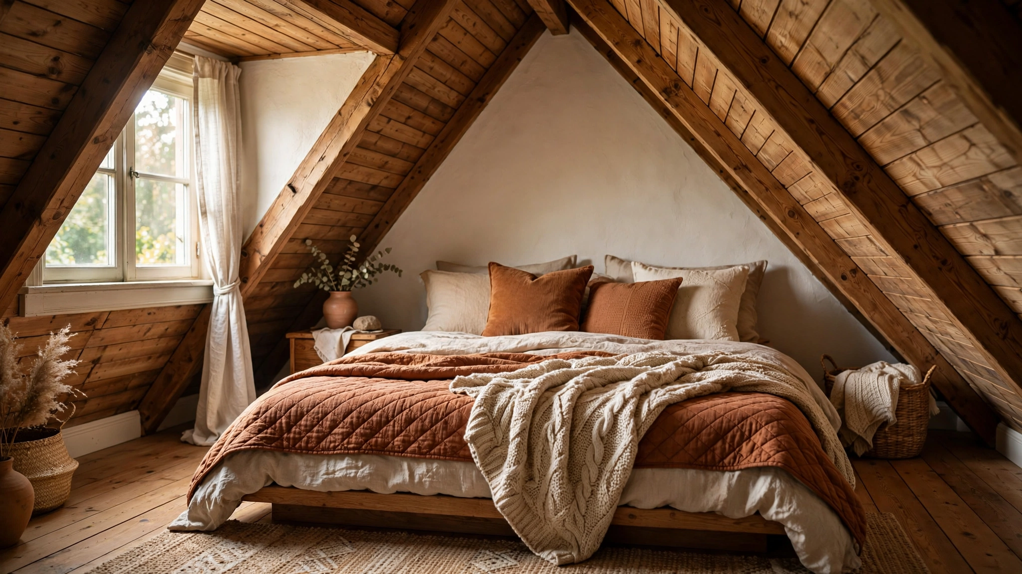 Cozy attic bedroom bed layered with linen, quilted coverlet, and knit throw