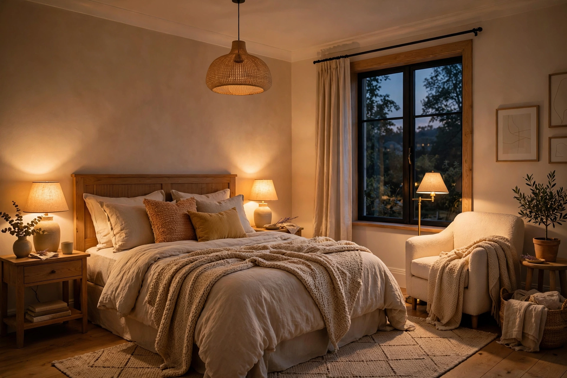 Guest bedroom design ideas with warm layered bedside and floor lamp lighting
