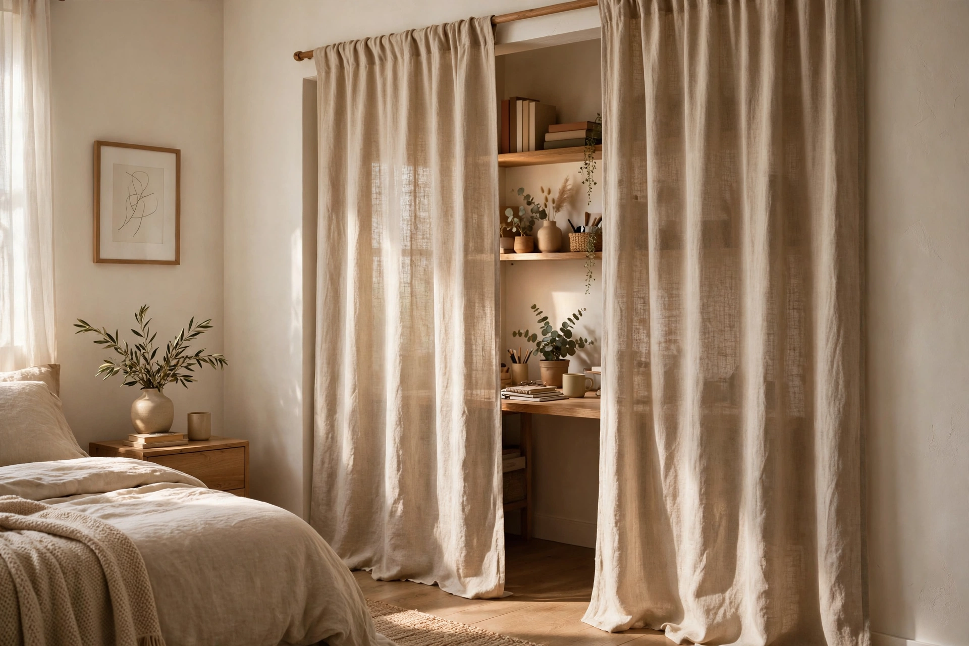 Closet office with linen curtain drawn across the opening hiding the workspace