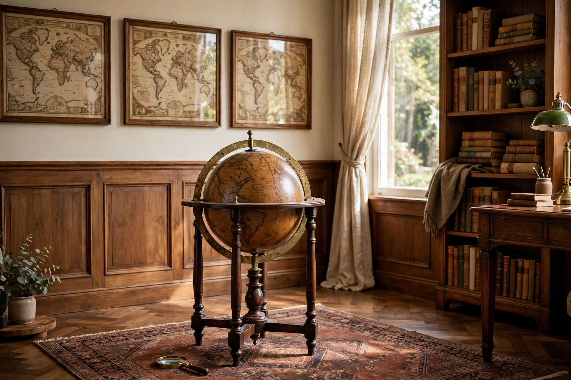 Vintage brass floor globe and framed antique maps in a classic home office