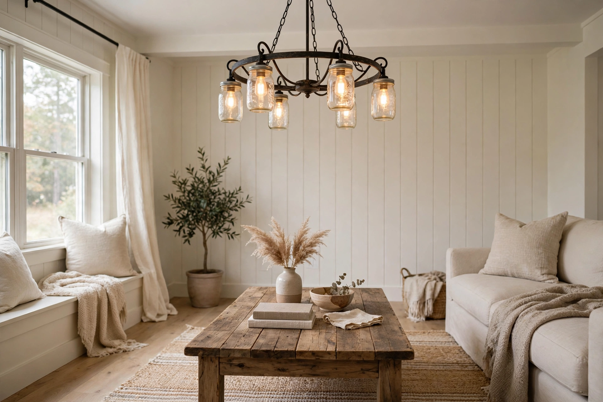 Wrought iron chandelier with mason jar shades over a rustic farmhouse coffee table