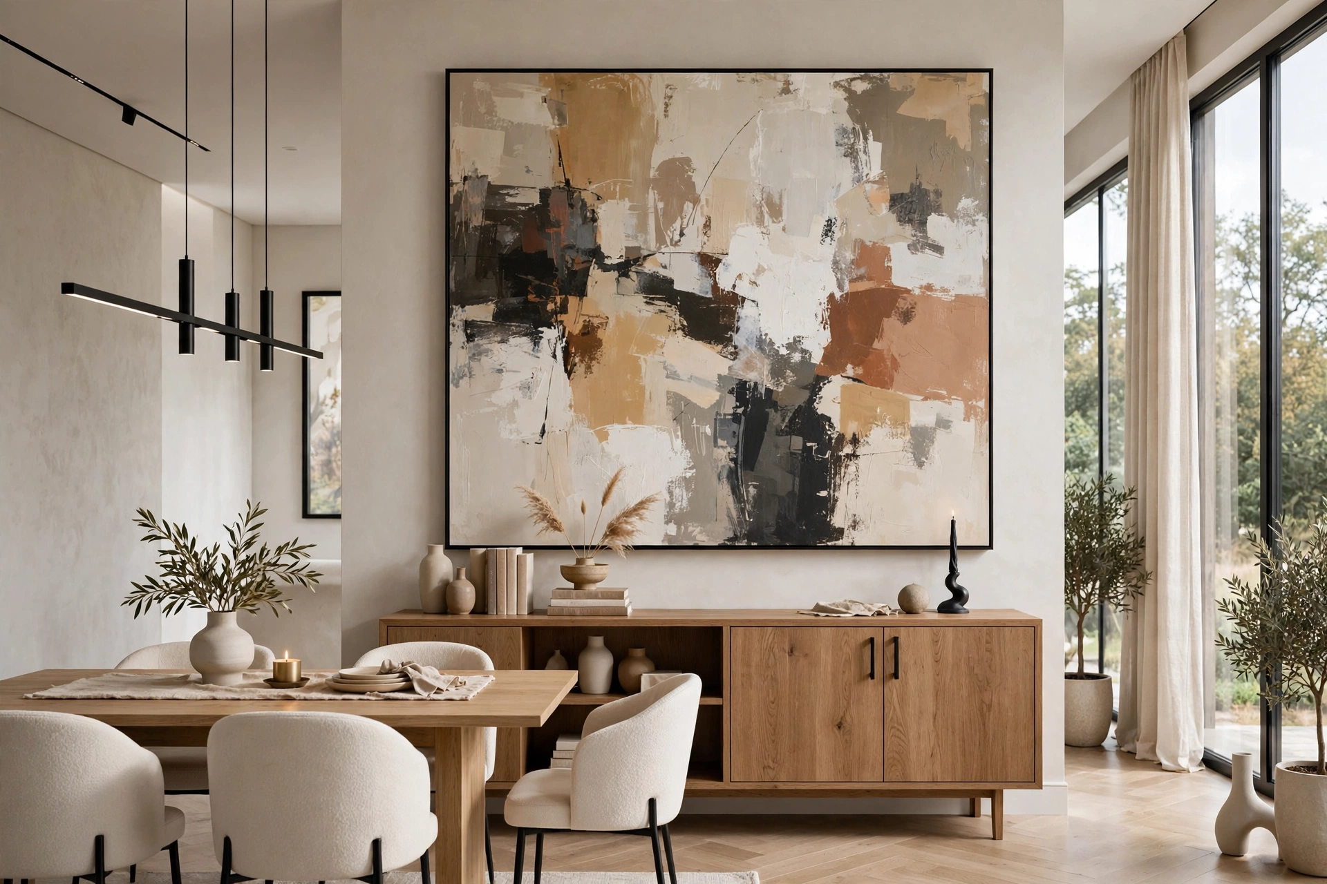 Modern dining room with an oversized abstract art piece above a wooden sideboard