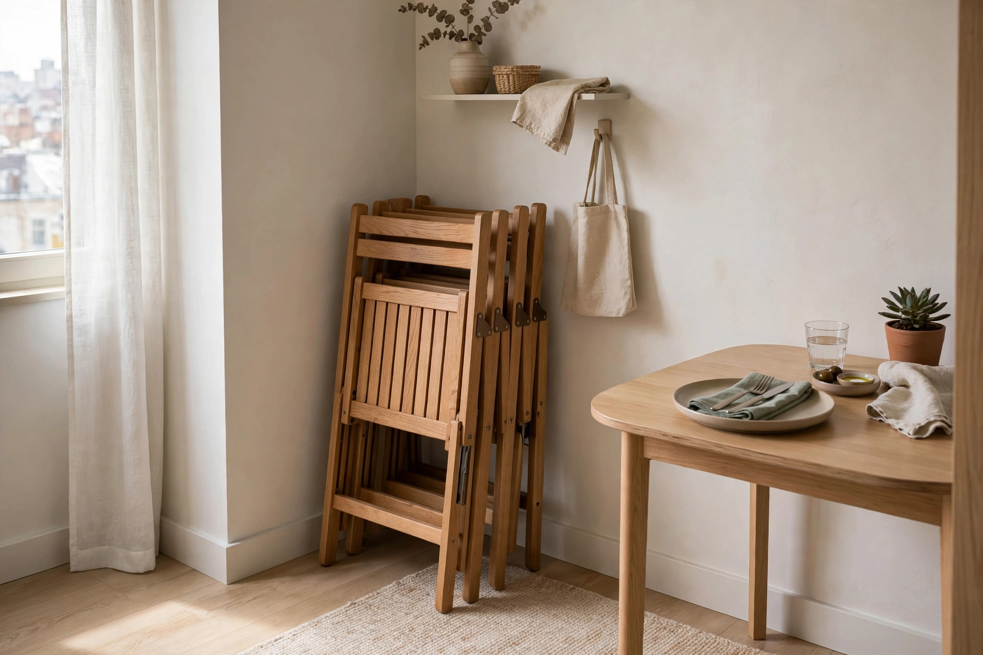 Stacked folding dining chairs stored beside a small dining table
