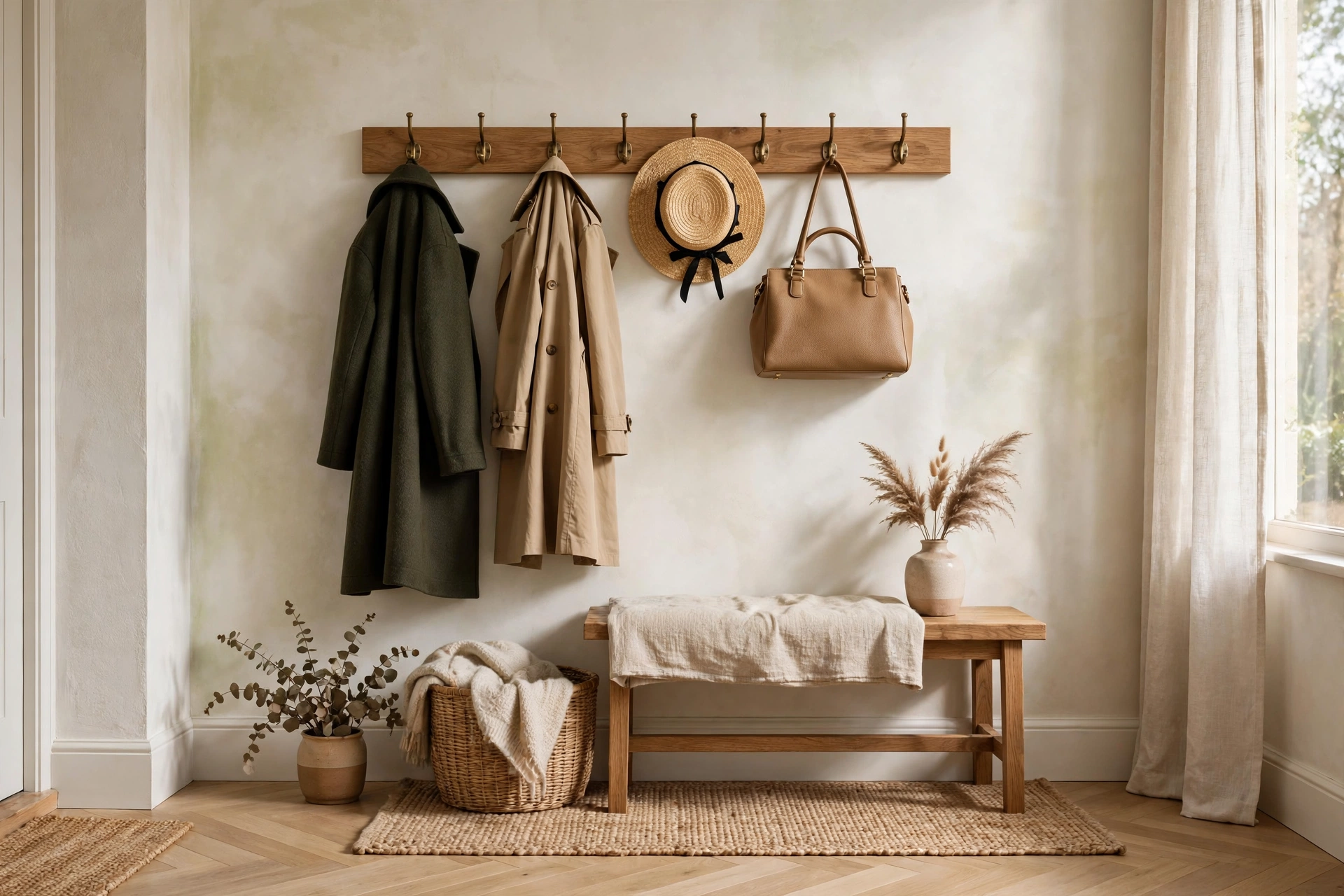 Wall-mounted wooden peg rail with hooks holding coats, a bag, and a hat in an entryway