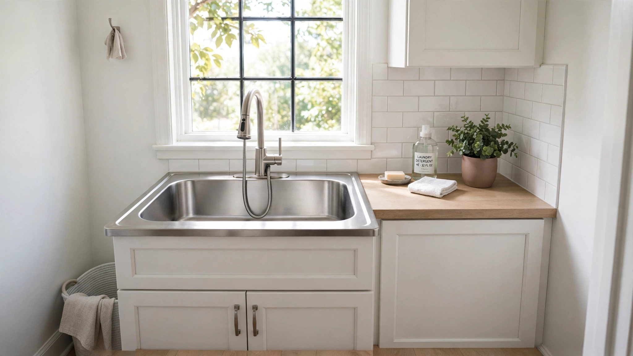 Compact stainless utility sink under a window in a small laundry room with white cabinetry