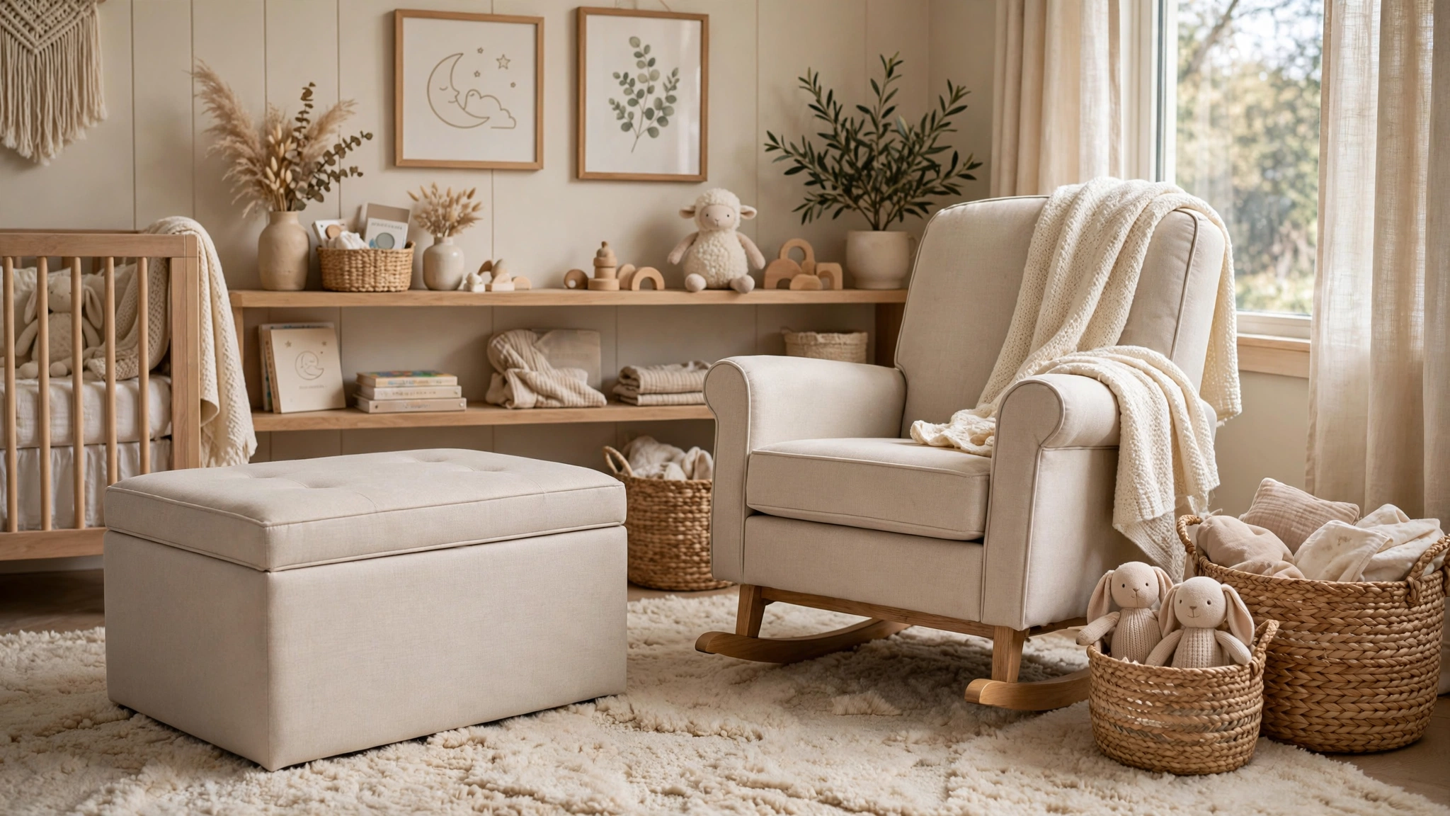 Upholstered storage ottoman beside a nursery glider with baskets nearby