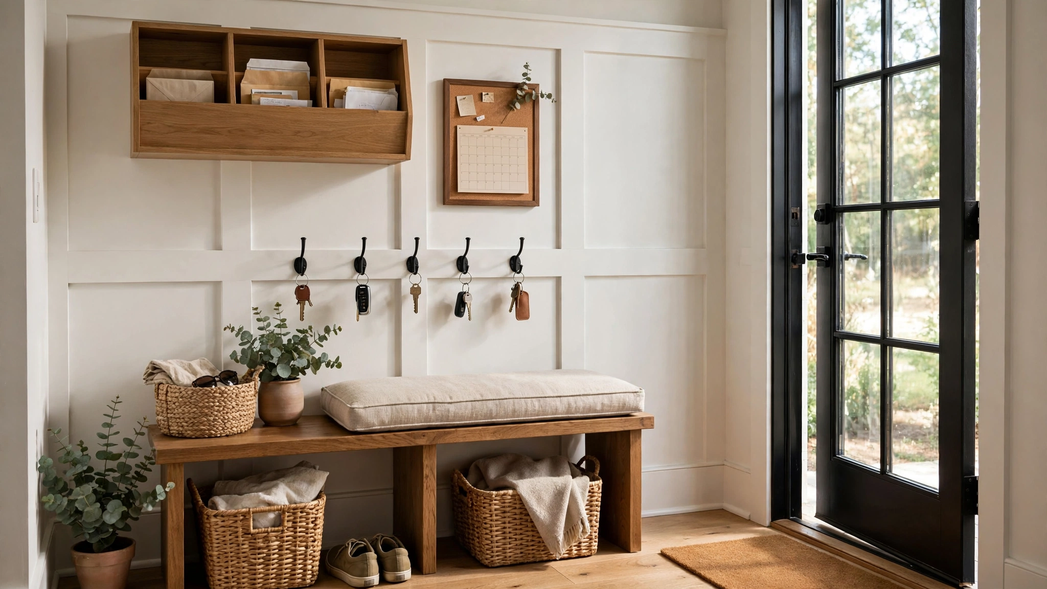 Mudroom command center with mail sorter, key hooks and family calendar by the door