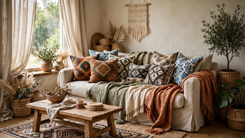 Boho living room design ideas with layered kilim pillows, throws and linen curtains