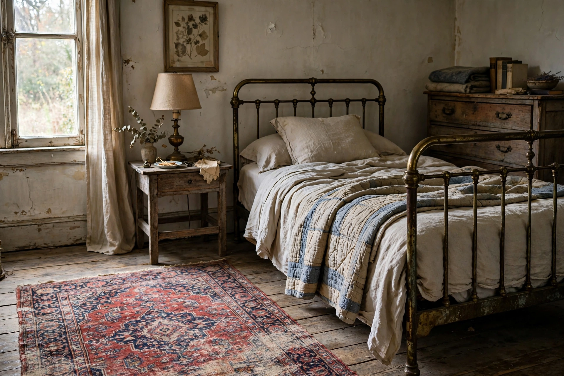 Vintage bedroom design ideas with a worn Persian rug in faded reds beside the bed