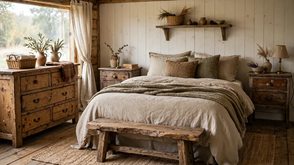 Rustic bedroom design ideas with a chunky farmhouse dresser and vintage wooden furniture
