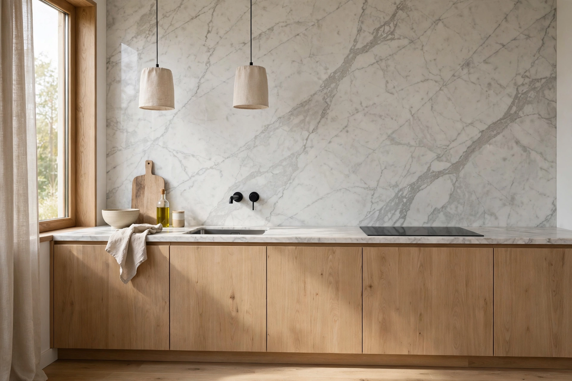 Minimalist kitchen design ideas with honed marble countertop carried up as backsplash