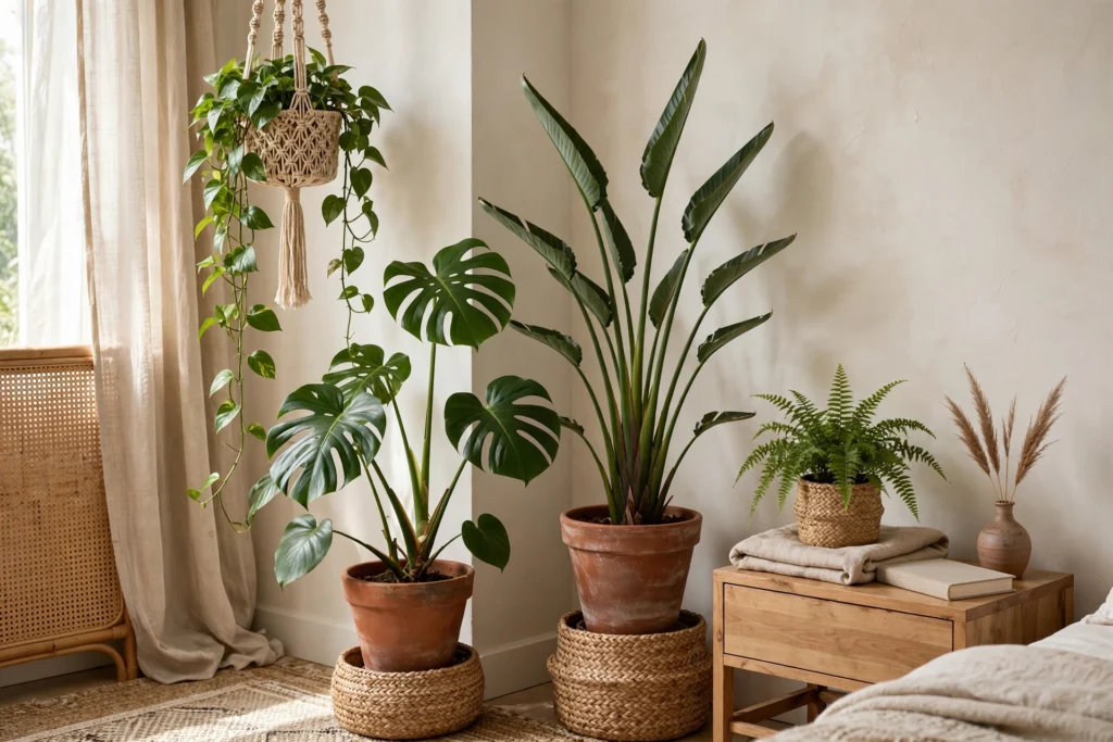 Boho bedroom corner with monstera, pothos and plants in terracotta pots