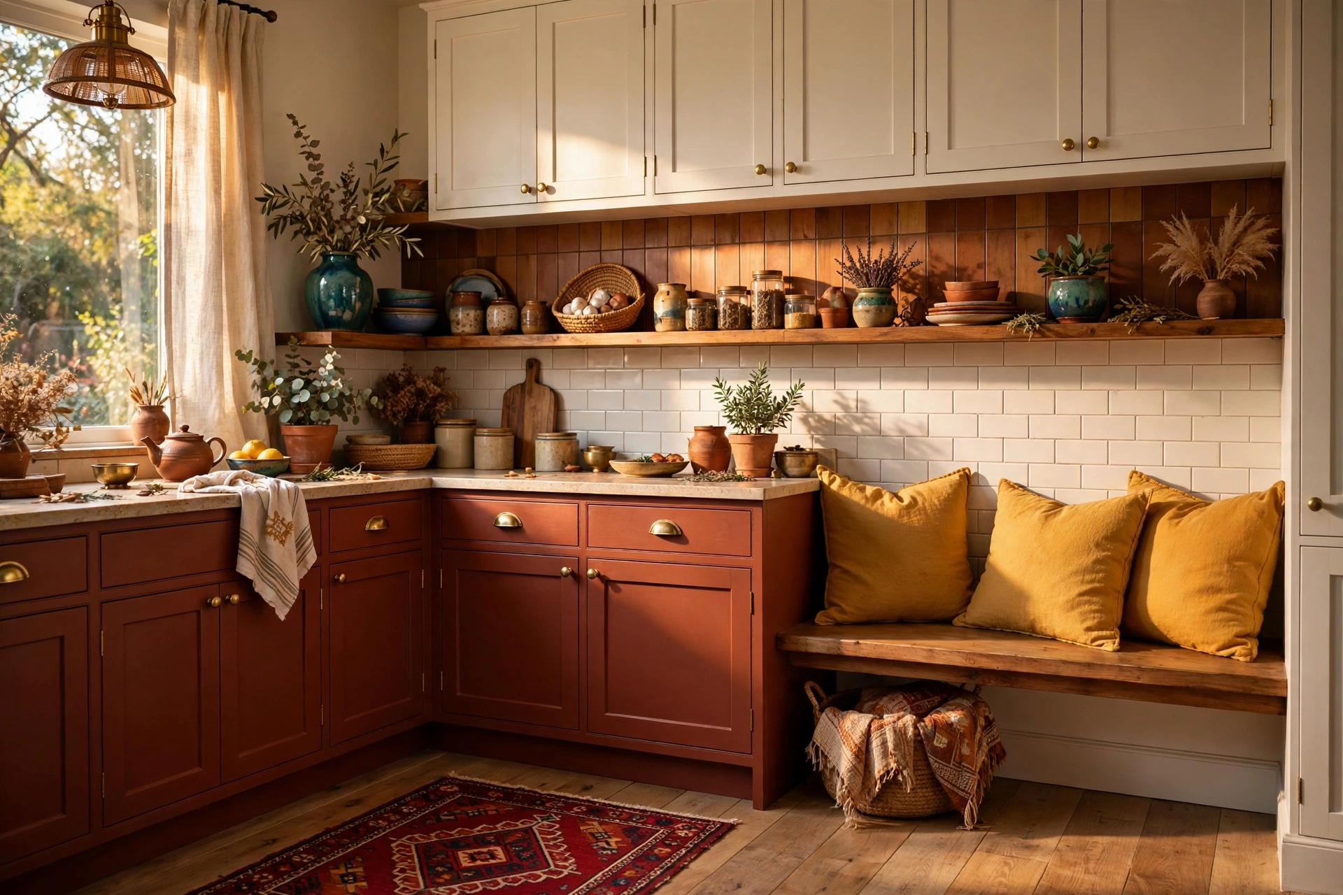 Boho kitchen design ideas with terracotta lower cabinets, warm white uppers and jewel-toned cushions and vases