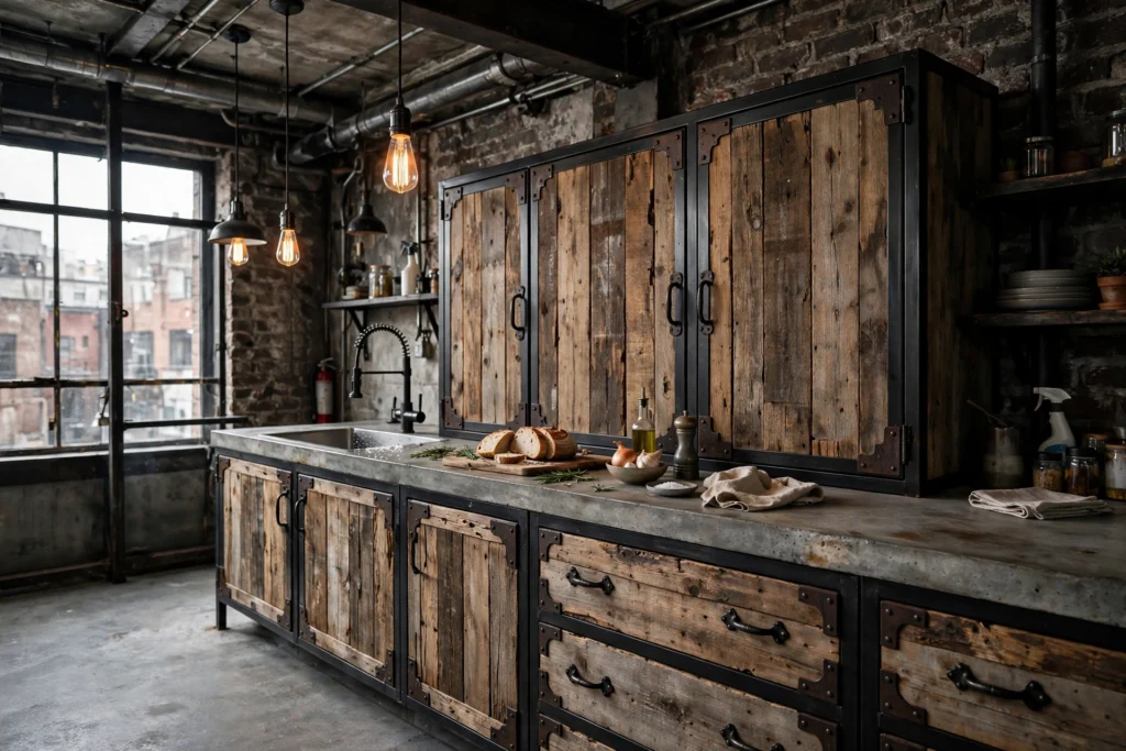 Industrial kitchen design ideas with reclaimed wood cabinetry framed in black steel with iron hardware