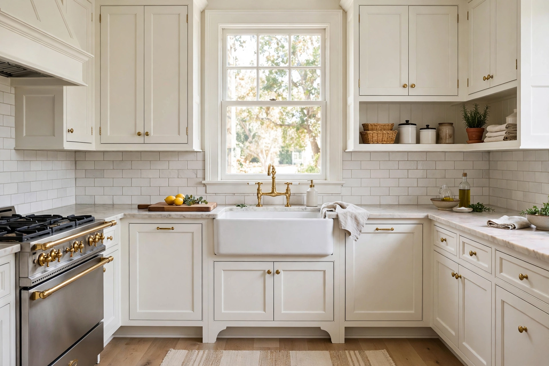 Traditional kitchen design ideas with a white fireclay apron-front farmhouse sink and brass bridge faucet