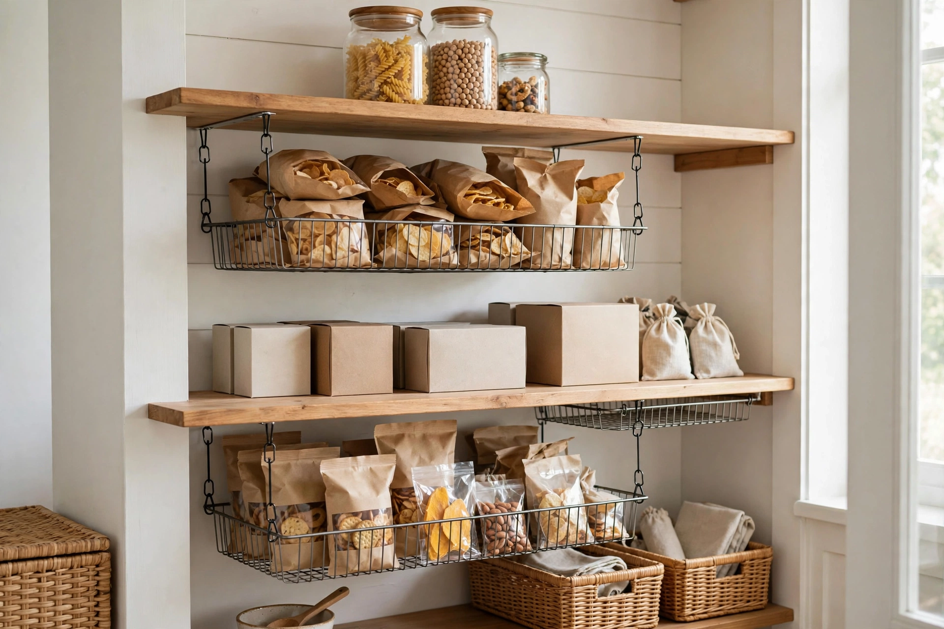Wire under-shelf baskets holding snack bags clipped beneath pantry shelves