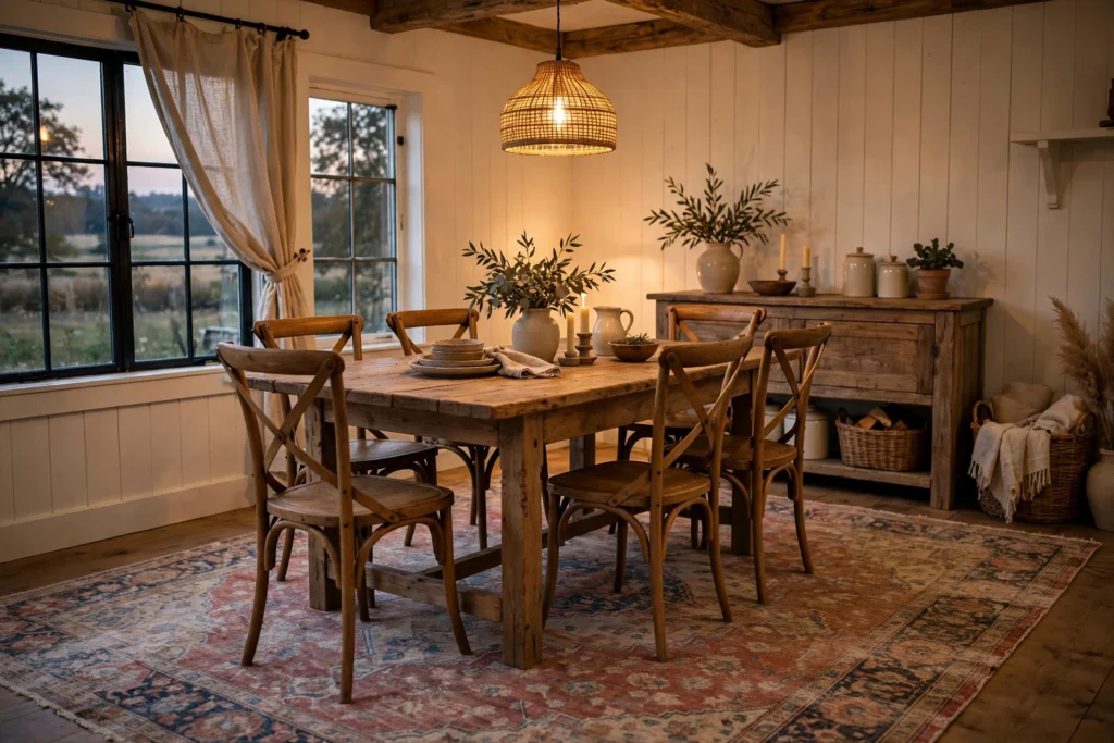 Farmhouse dining room with a vintage-style patterned rug under the wood table