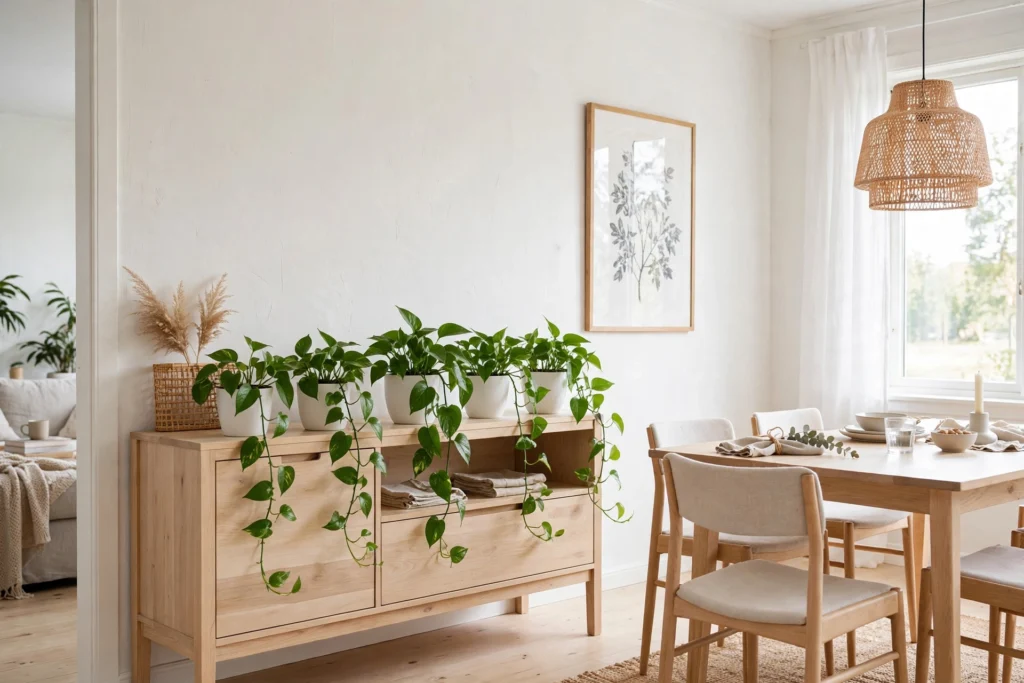 Green plants in simple white ceramic pots on a sideboard in a Scandinavian dining room