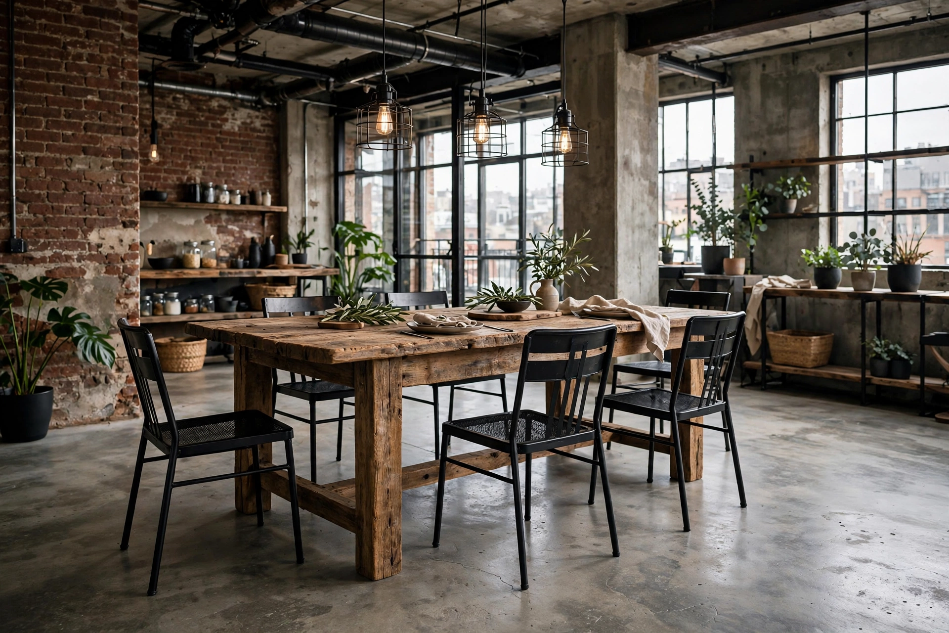 Polished concrete floor in an industrial dining room with wood table and metal chairs
