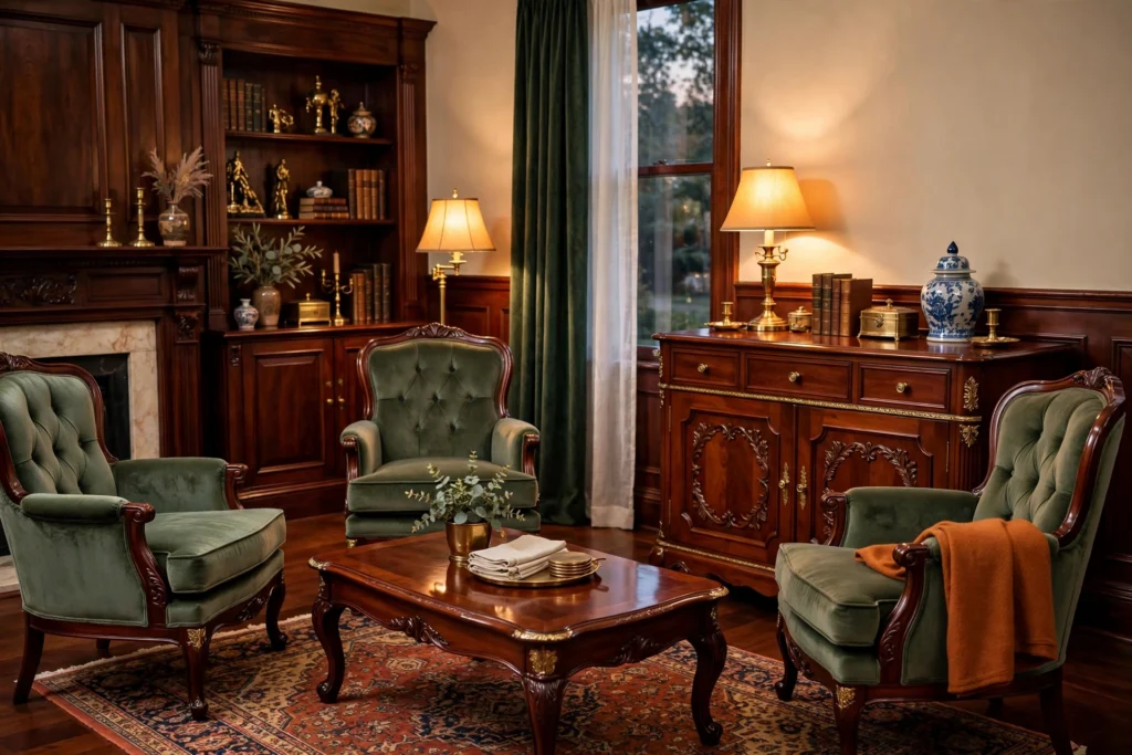 Traditional living room design ideas with warm dark-wood mahogany furniture and classic details