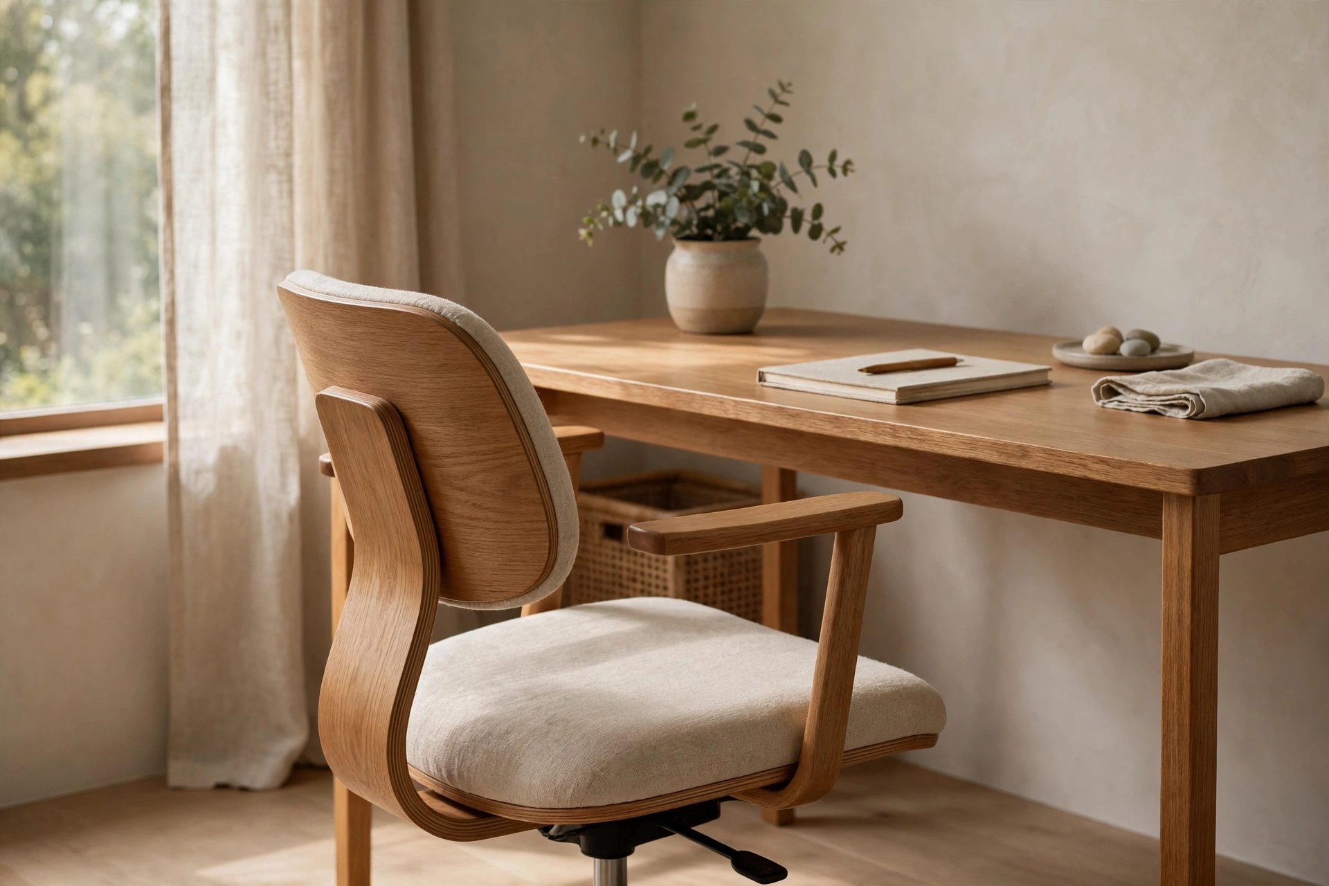 Ergonomic chair with wooden frame and natural linen upholstery in Japandi office