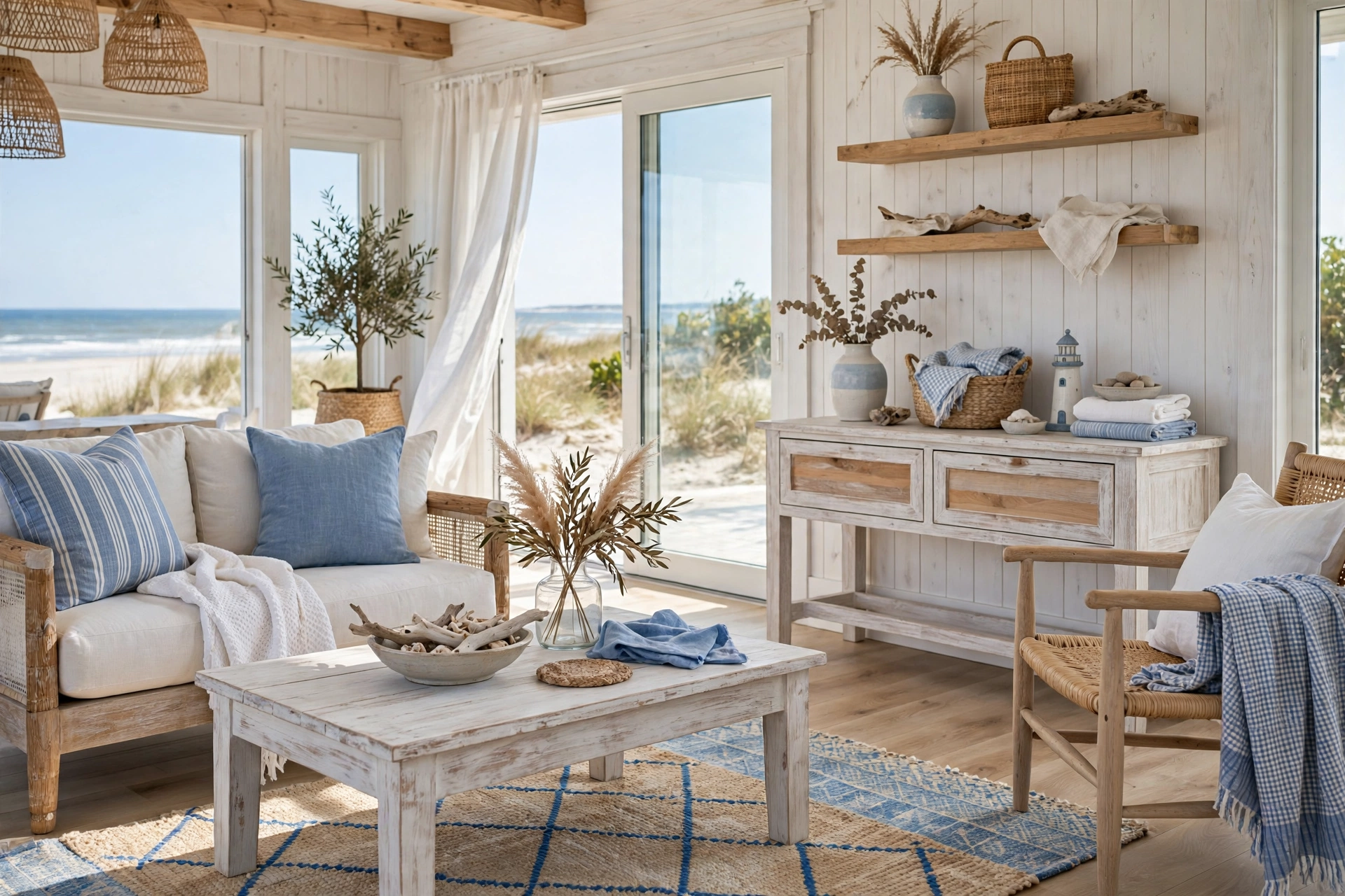 Coastal living room design ideas with light weathered wood furniture and whitewashed finishes