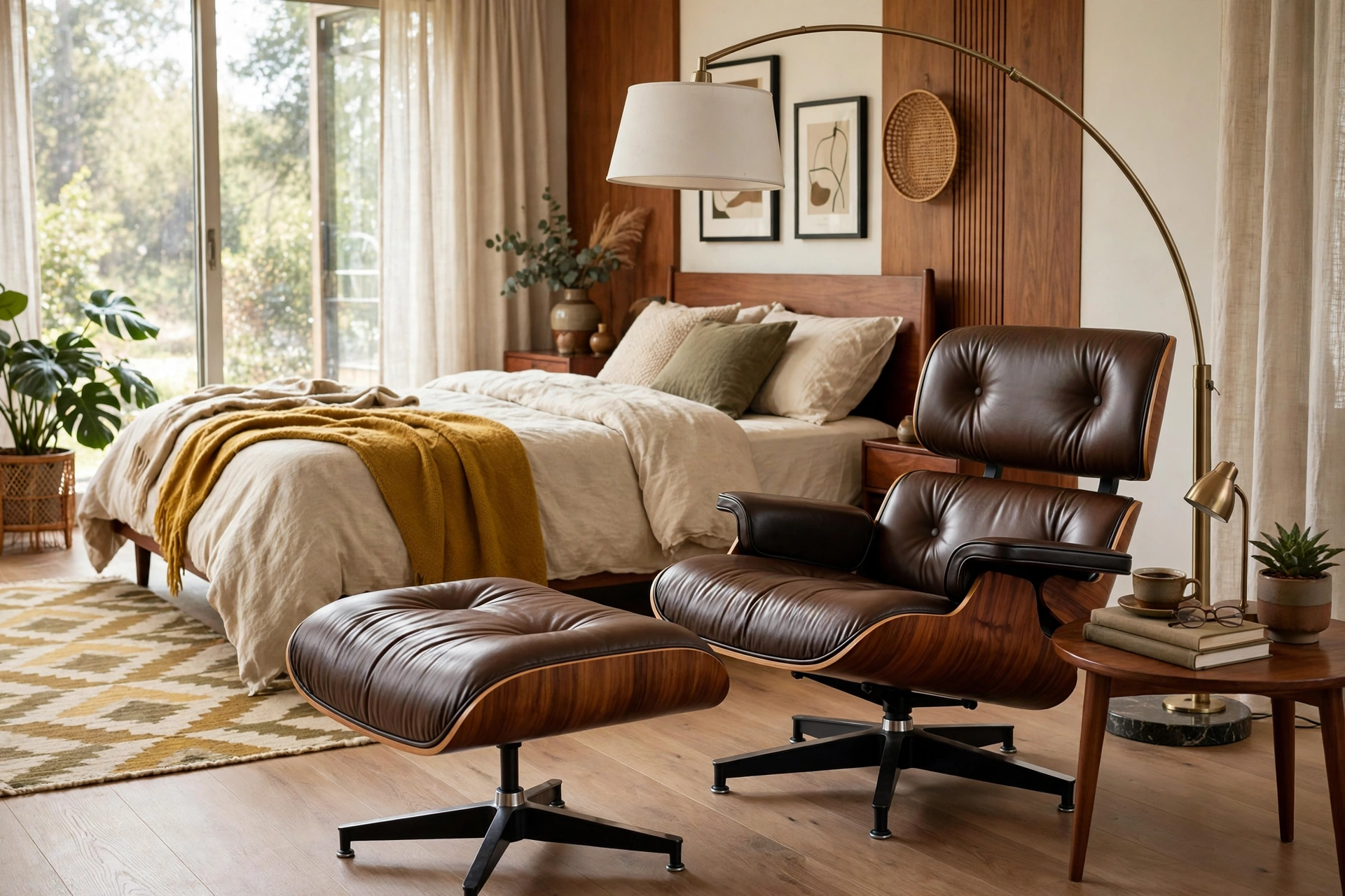 Eames-style lounge chair with ottoman in a reading corner of a mid-century modern bedroom