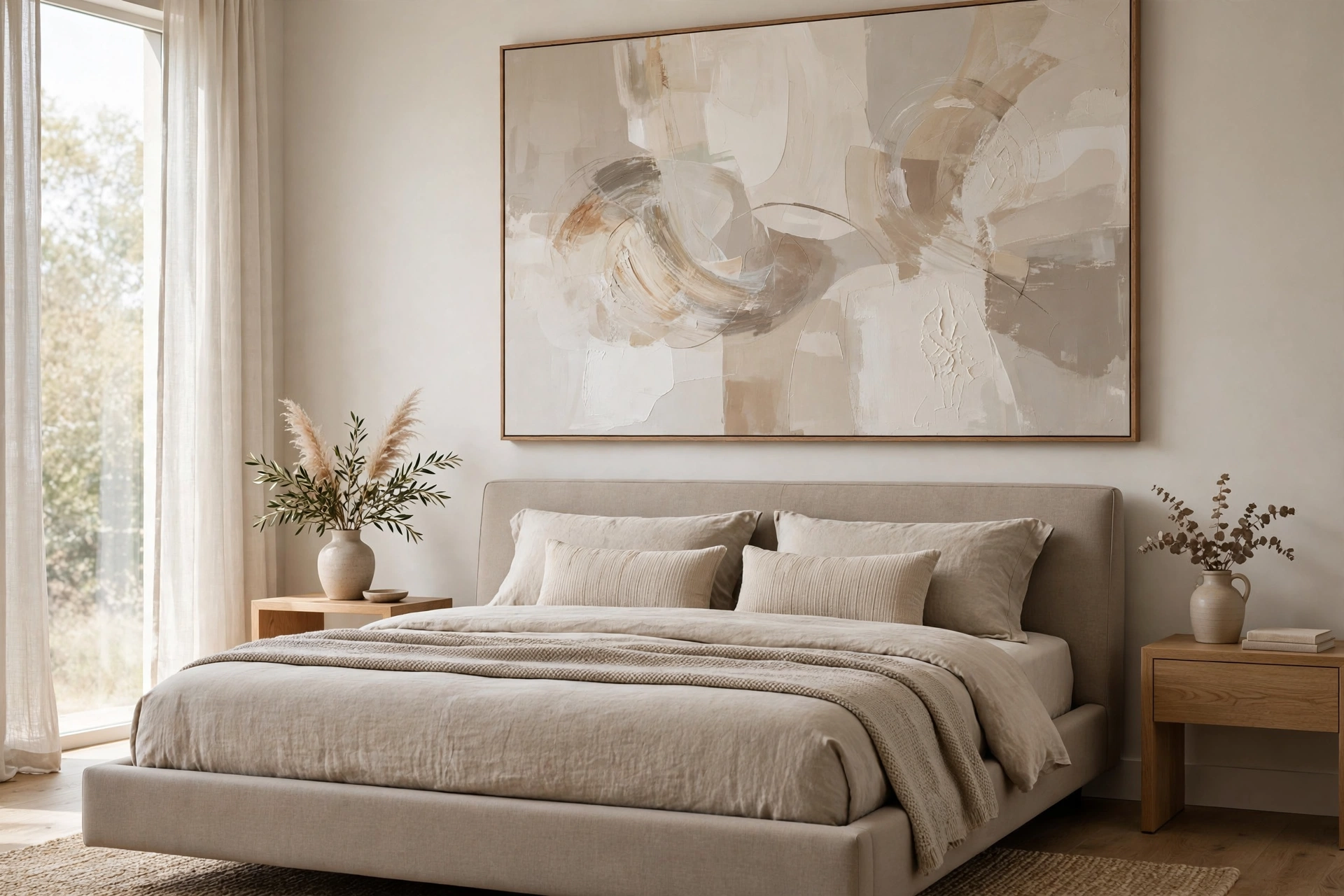 Large-scale abstract canvas art above the bed in a contemporary bedroom