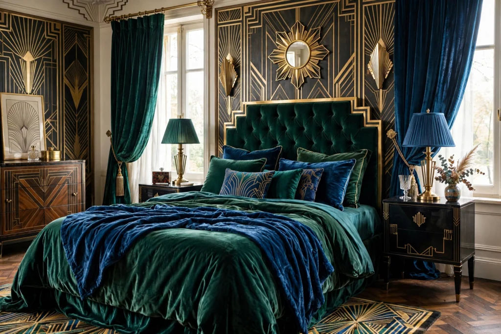 Art deco bedroom design ideas with layered jewel-tone velvet bedding and curtains
