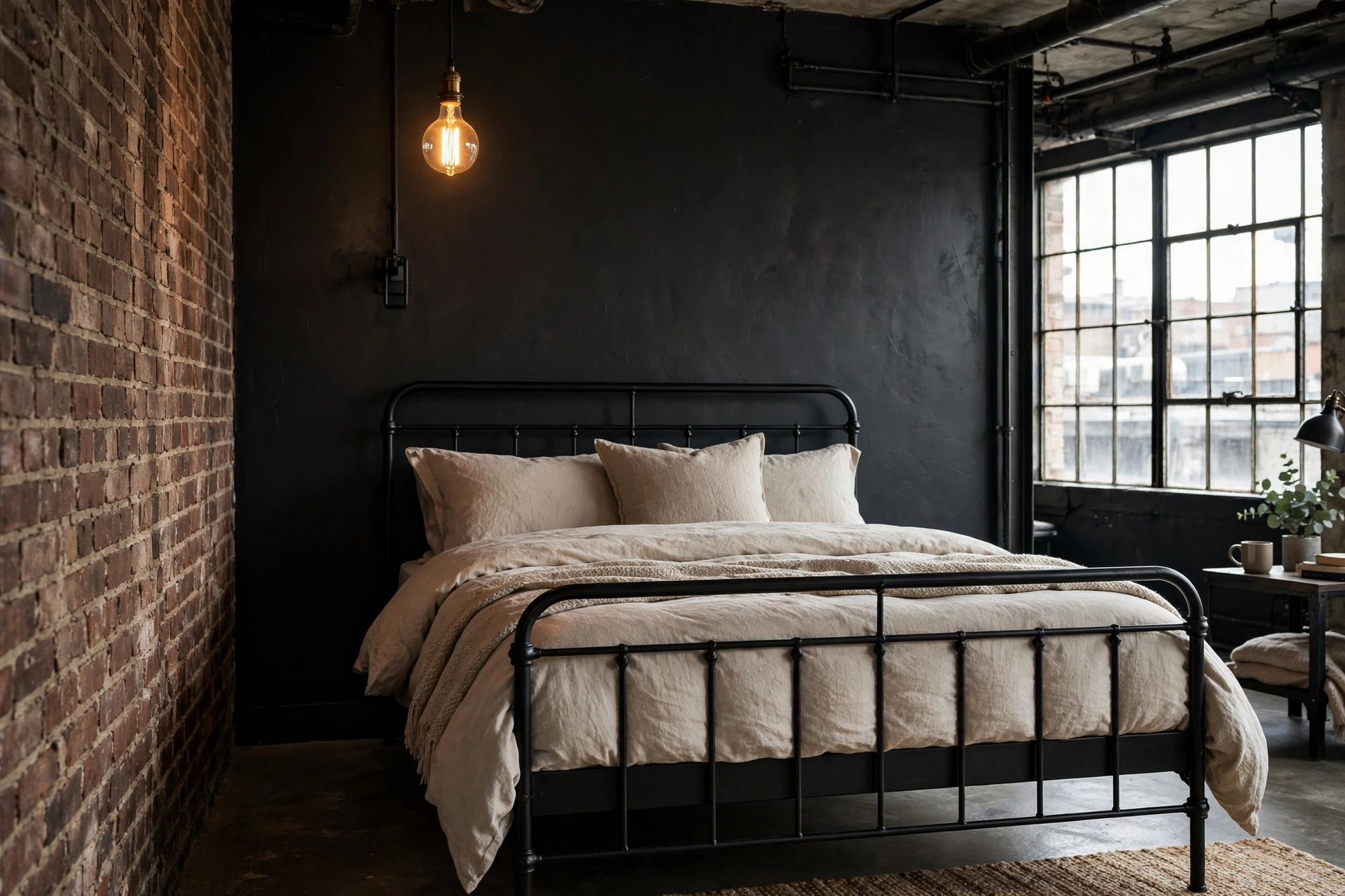 Moody charcoal accent wall behind a black metal bed in an industrial bedroom