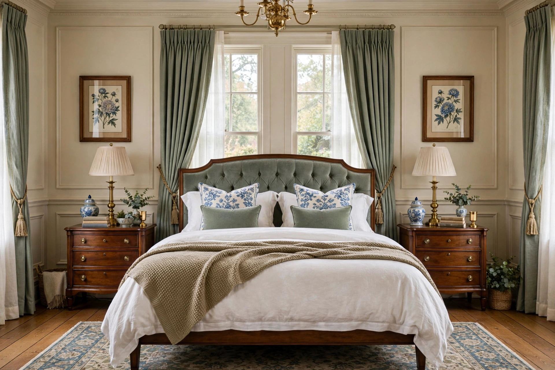 Traditional bedroom design ideas with symmetrical matching nightstands and lamps