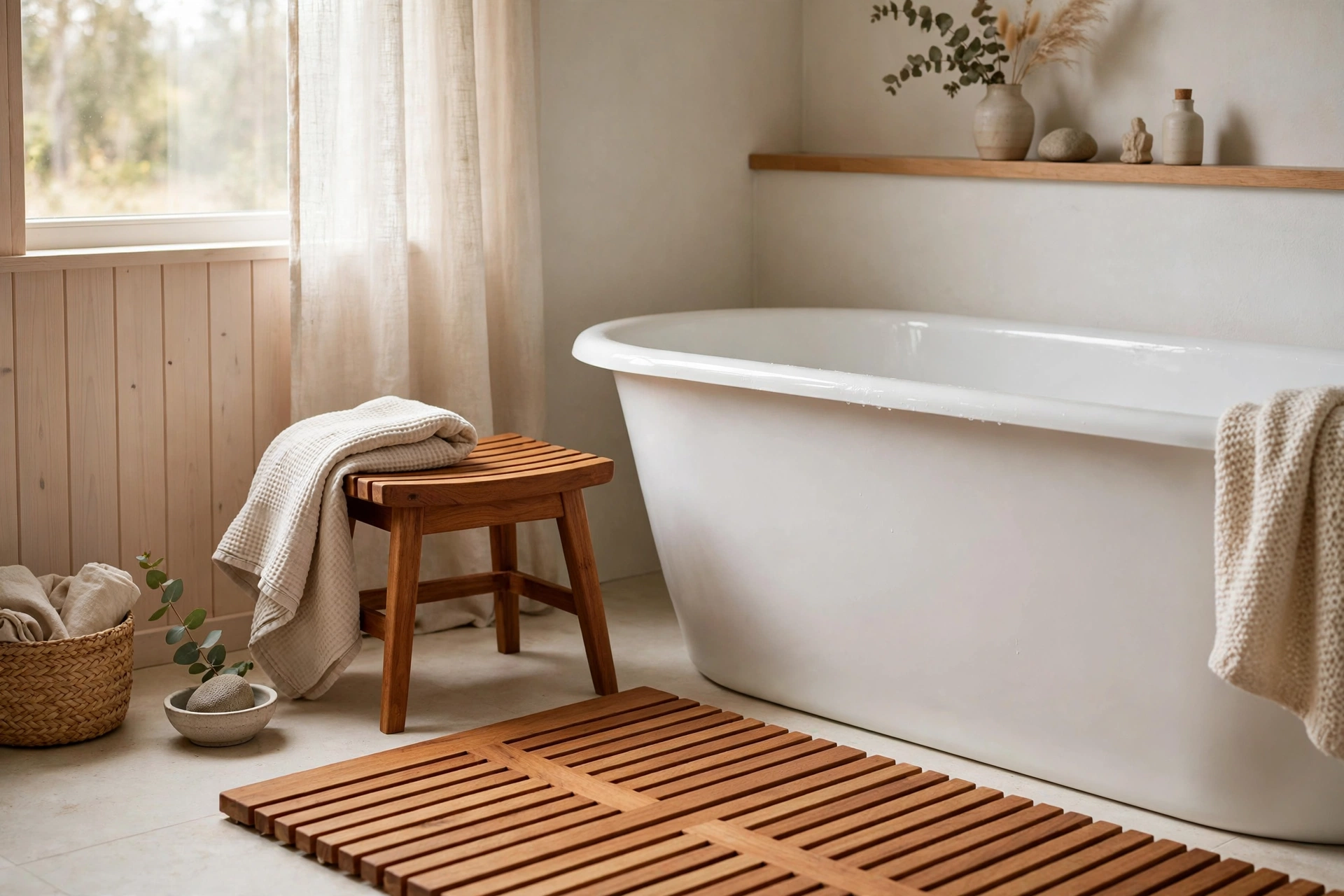 Scandinavian bathroom design ideas with teak bath mat, oak stool and warm wood accents