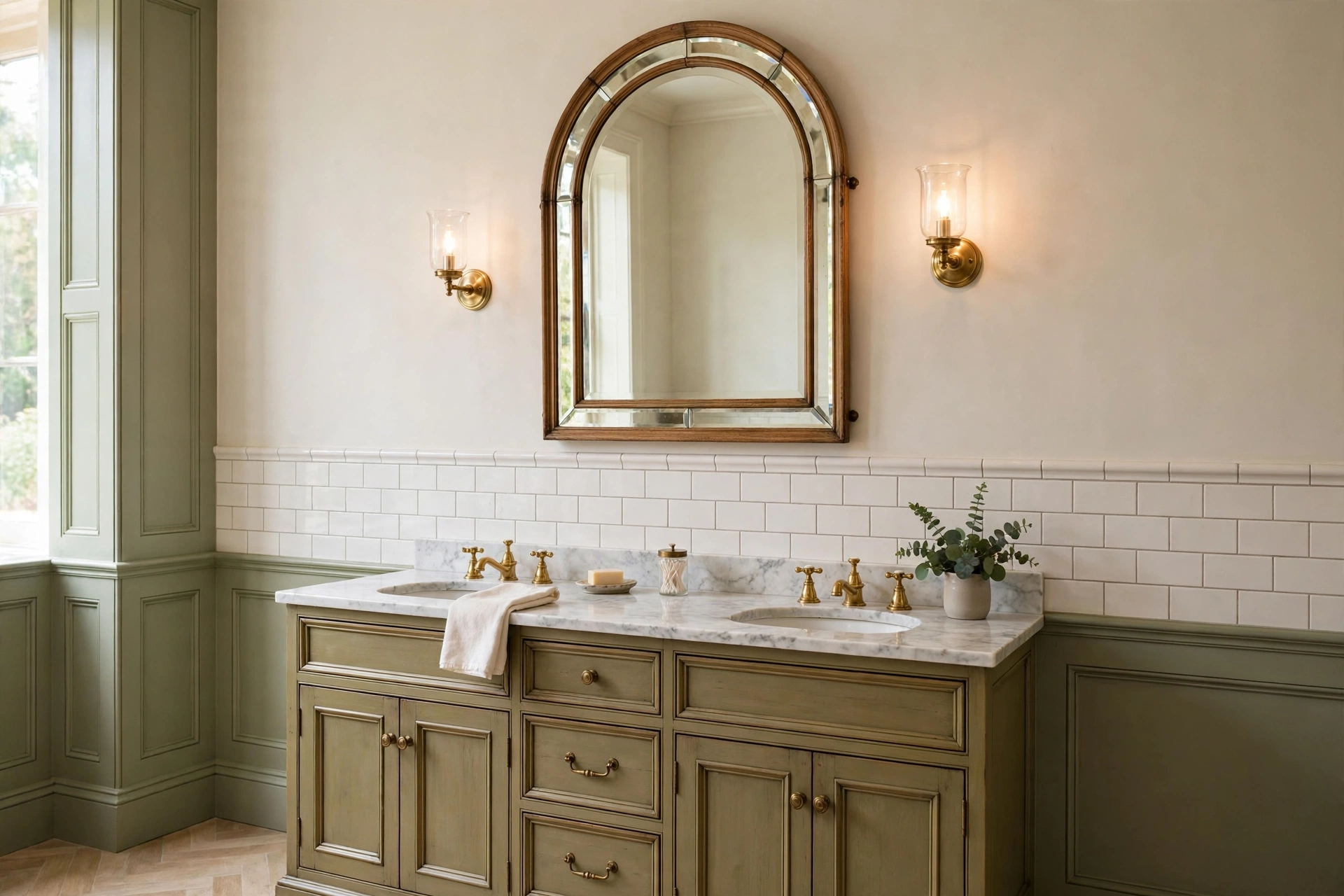 Framed arched mirror with beveled edges above a traditional bathroom vanity
