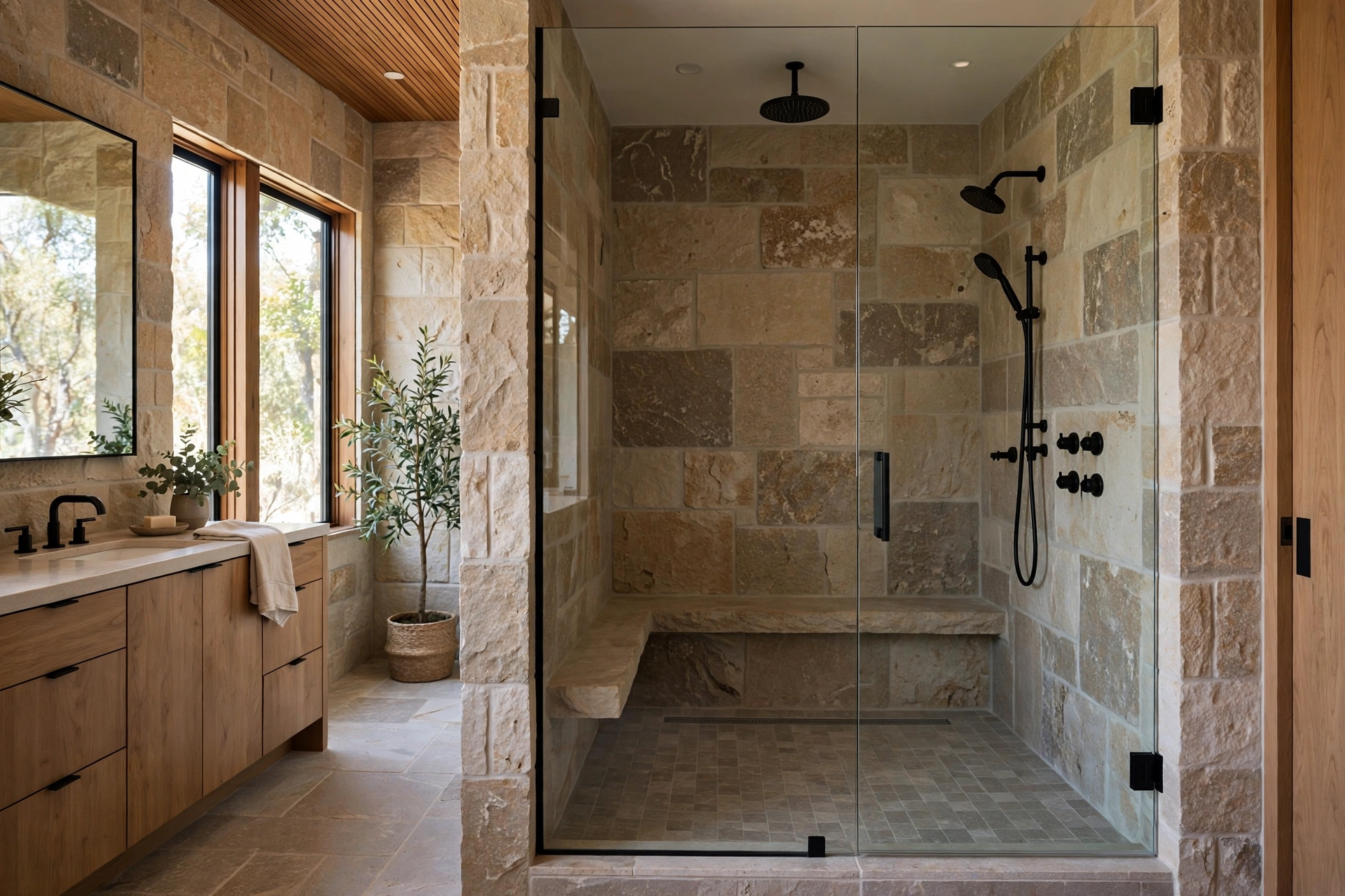 Frameless low-iron glass panel enclosing a walk-in shower with stone tile