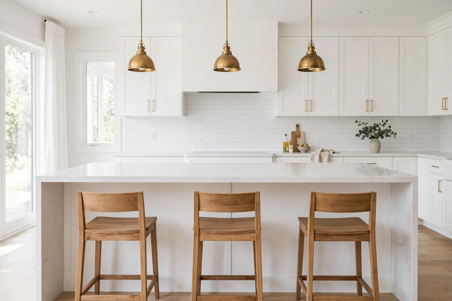 Large white kitchen island with waterfall quartz countertop and wood stools