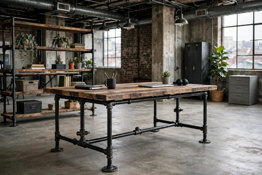 Iron pipe-frame desk with wood top in an industrial home office