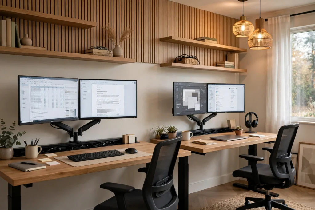 Tidy dual monitor setups on monitor arms at two desks in a shared office