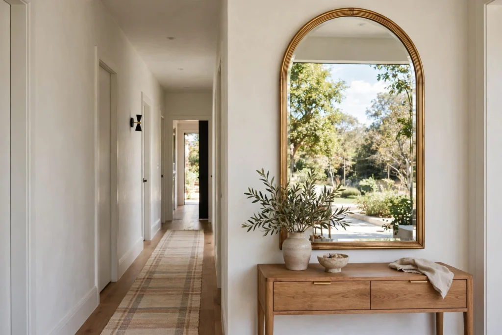 Arched brass full-length mirror reflecting light in a narrow hallway