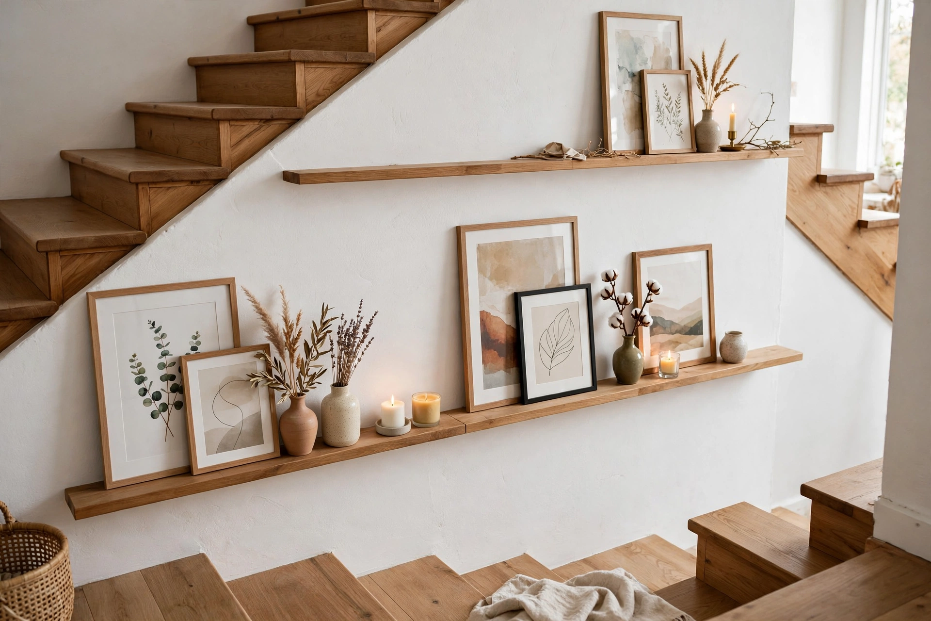 Narrow picture ledges mounted along a staircase wall displaying layered framed prints and small decor objects