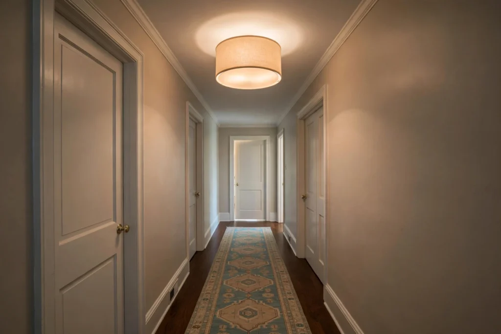 Entryway lighting ideas with a semi-flush fabric drum fixture on a low hallway ceiling