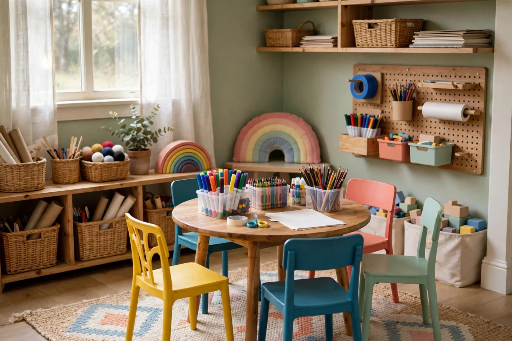 Playroom design ideas with a kid-sized craft table, small chairs and art supplies