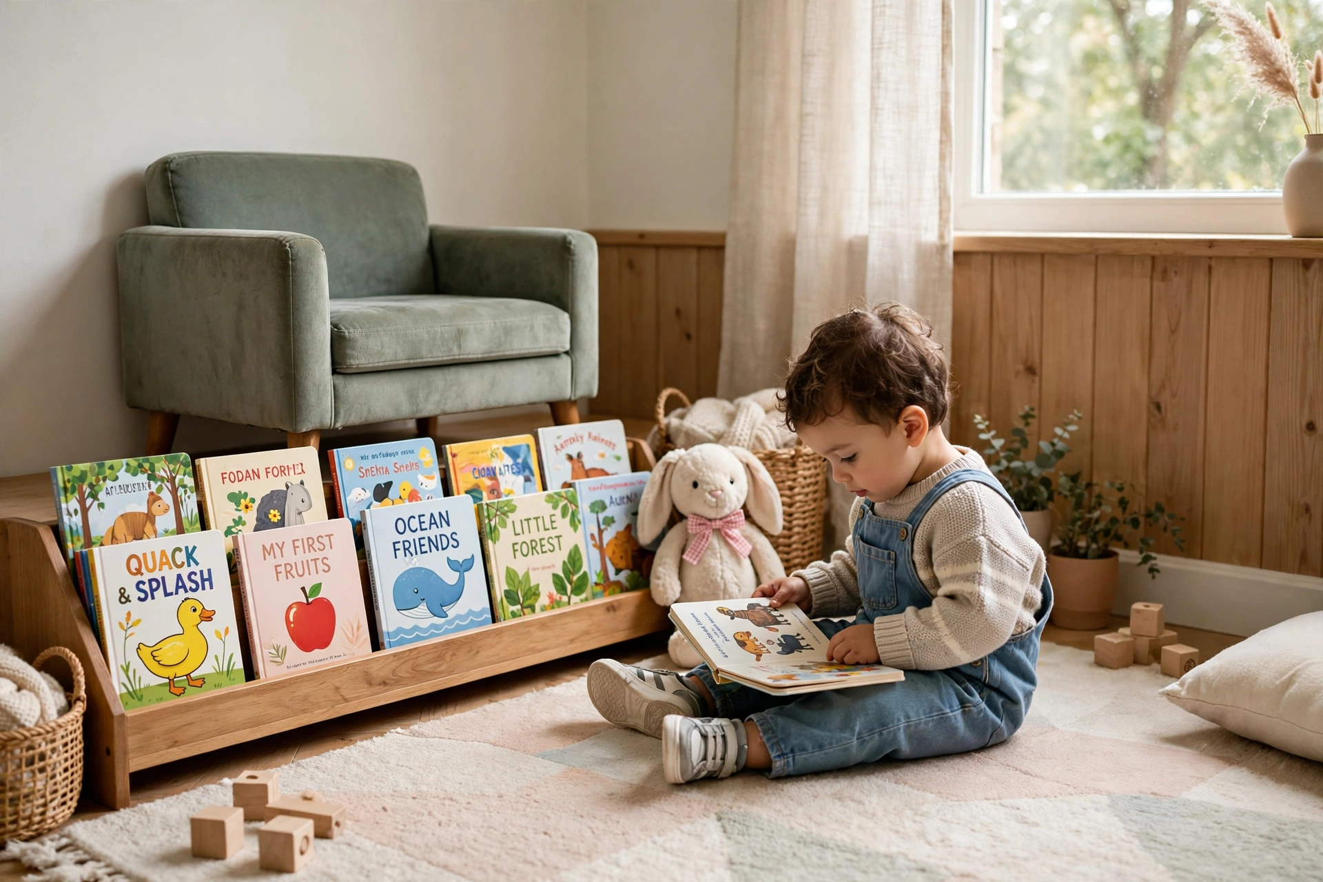 Toddler bedroom design ideas with a small reading corner, tiny chair and board books
