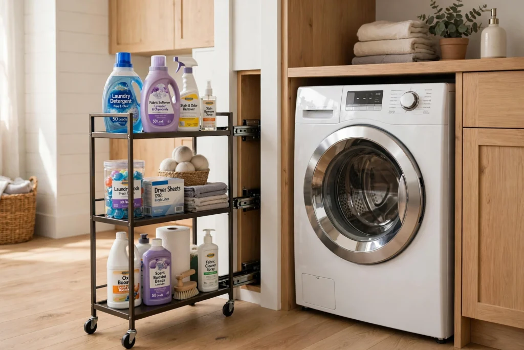 Slim rolling cart filled with laundry supplies pulled out from beside a washing machine