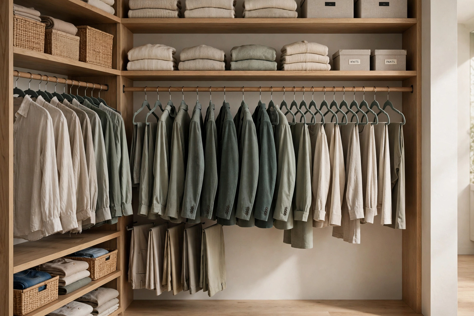Walk-in closet with matching slim velvet hangers holding color-coordinated clothing