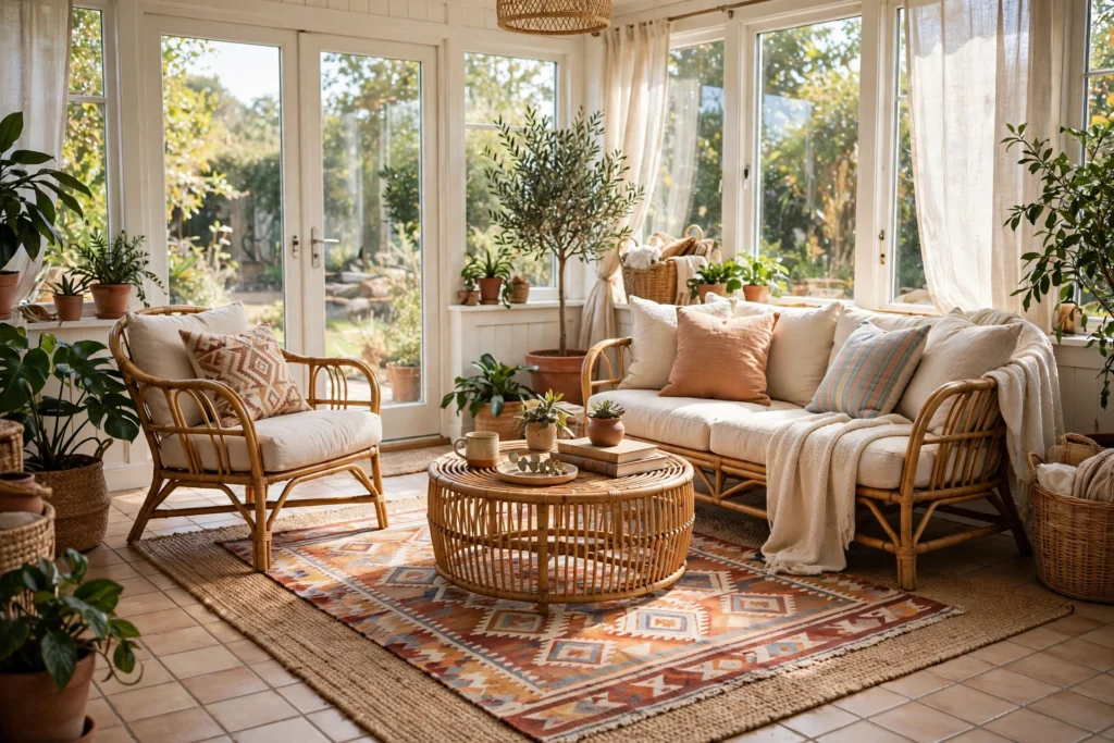 Sunroom with layered jute and patterned rugs warming a tile floor under seating