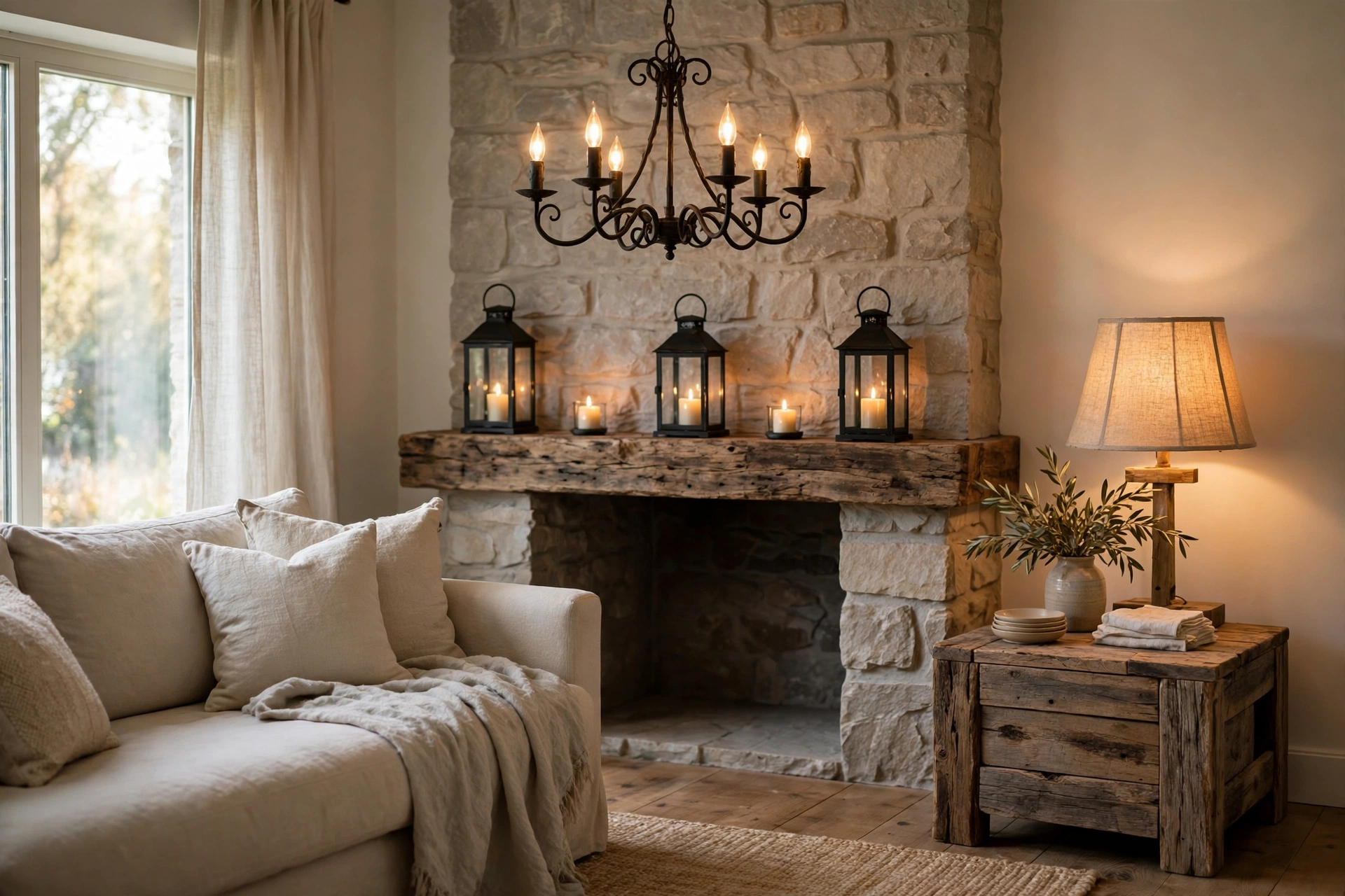 Wrought iron chandelier and linen-shade lamps glowing warmly in rustic living room